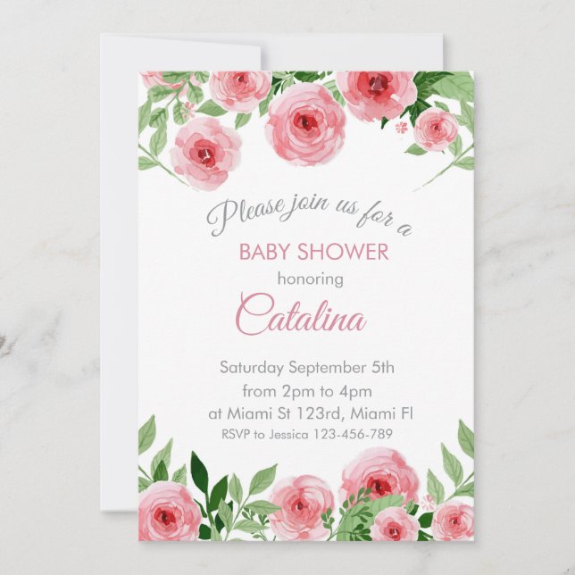 Convite Watercolor Pink Flowers Baby Shower Invitation (Frente)