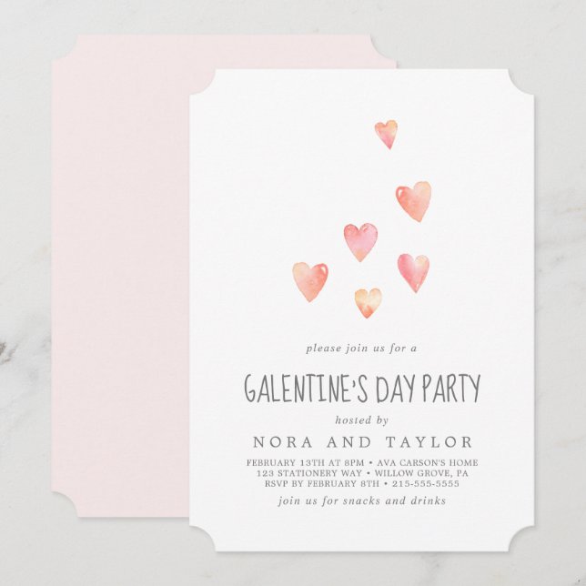 Convite Watercolor Pink Hearts Galentine's Day Party (Frente/Verso)