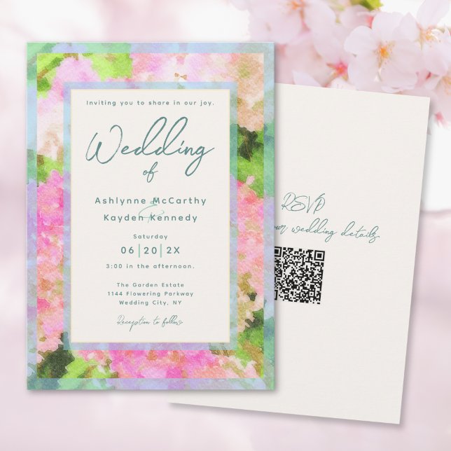 Convite Watercolor Pink Hydrangea Garden QR Code Wedding  (Criador carregado)
