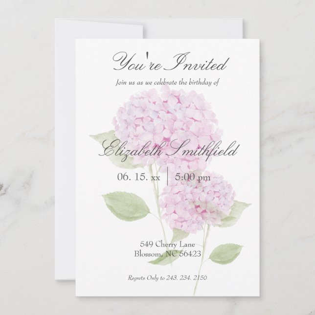 Convite Watercolor Pink Hydrangea Invitation (Frente)