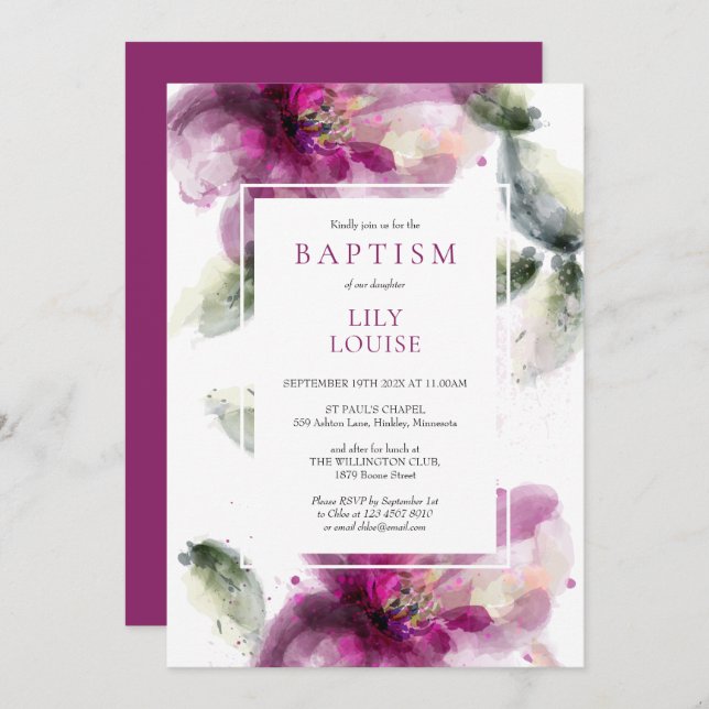 Convite Watercolor Pink Lily Floral Baptism Christening (Frente/Verso)