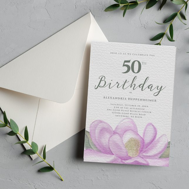 Convite Watercolor Pink Magnolia 50º Aniversário (Watercolor Pink Magnolia 50th Birthday Invitation)