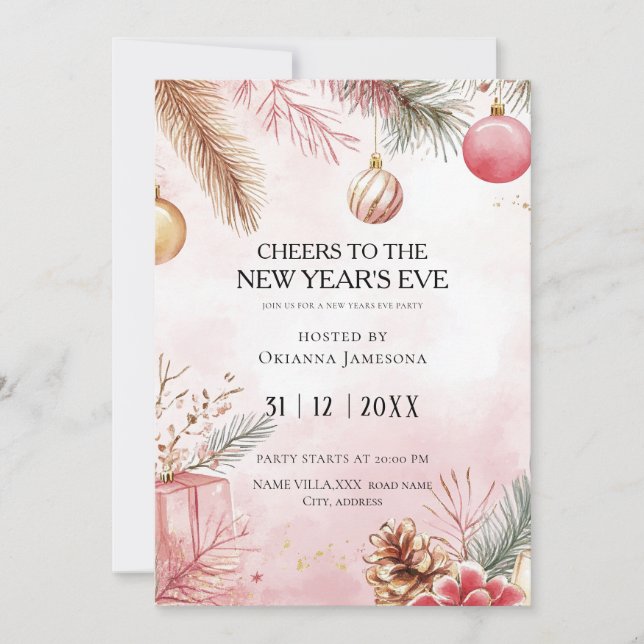Convite Watercolor Pink New Year's Eve Party  (Frente)