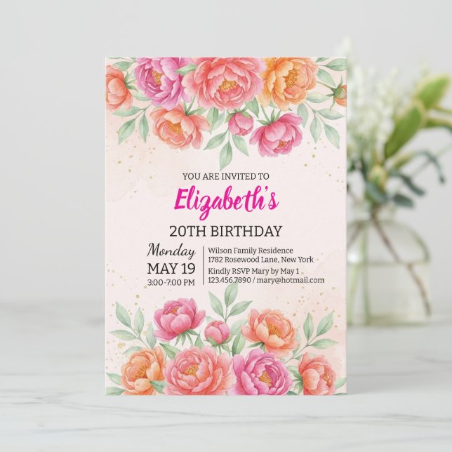 Convite Watercolor Pink Peony Floral Birthday (Em pé/Frente)