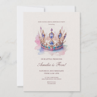 Convite Watercolor Pink Princess Crown Fairytalt Aniversár