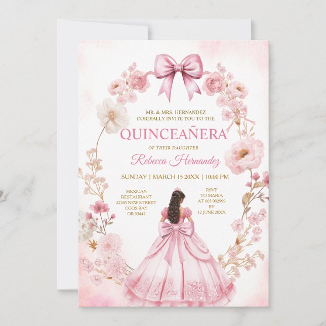 Convite Watercolor Pink Ribbon Bows Quinceañera Invitation (Frente)