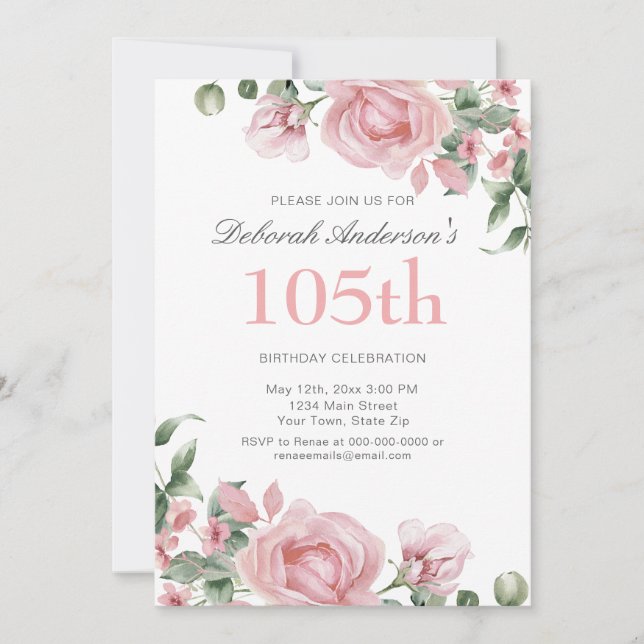 Convite Watercolor PInk Rose 105th Birthday Party  (Frente)