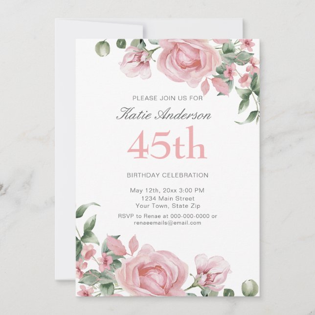 Convite Watercolor PInk Rose 45th Birthday Party  (Frente)