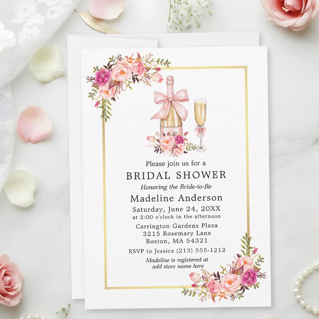 Convite Watercolor Pink Roses Bow Bridal Shower (Customize to add more text to back of card.)