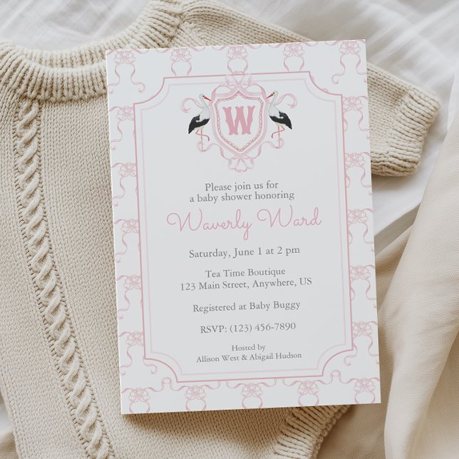 Convite Watercolor Pink Stork Monogram Crest Baby Shower (Criador carregado)