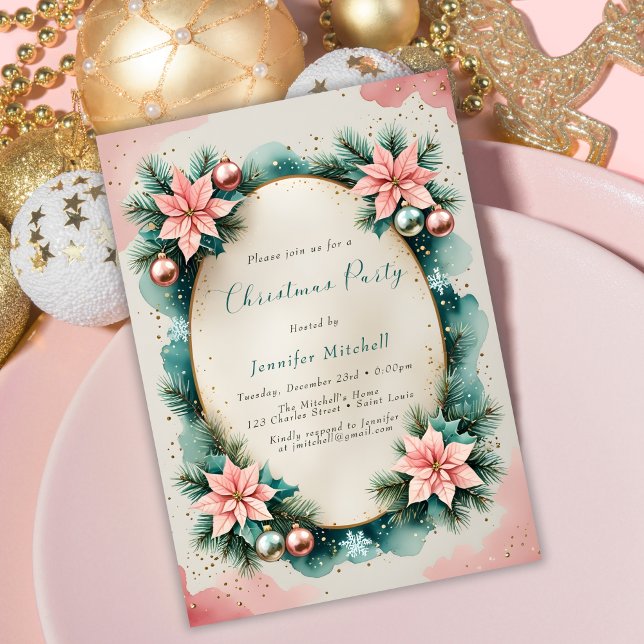 Convite Watercolor Pink Teal Poinsettia Wreath Christmas (Christmas Party Invitation. Pink and Teal Poinsettia Wreath, Gold Accents, Elegant Watercolor)