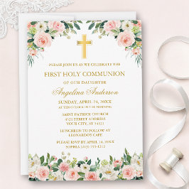 Convite Watercolor Pink White Floral Communion Gold