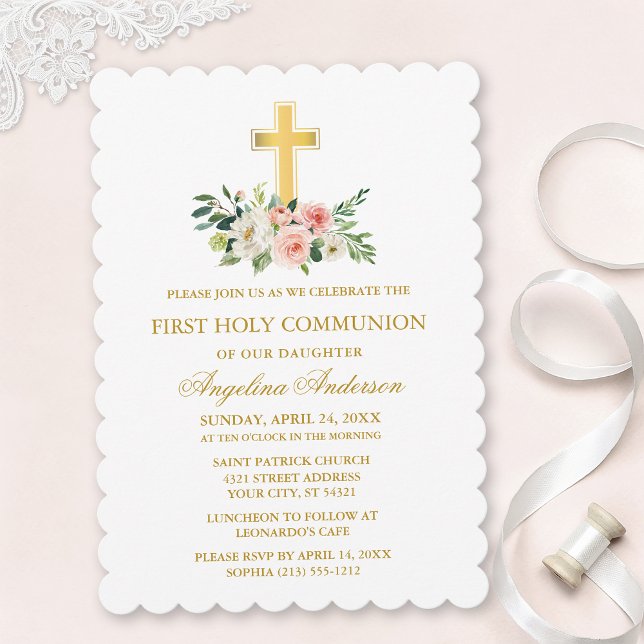 Convite Watercolor Pink White Floral Gold Cross Communion (Customize to change text size, text style or color.)