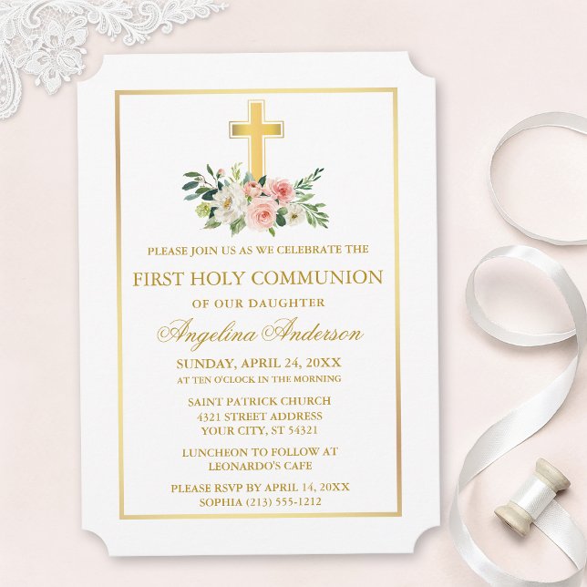 Convite Watercolor Pink White Floral Gold Frame Communion (Customize to change text size, text style or color.)