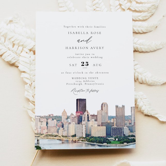 Convite Watercolor Pittsburgh Pennsylvania Skyline Wedding (Criador carregado)