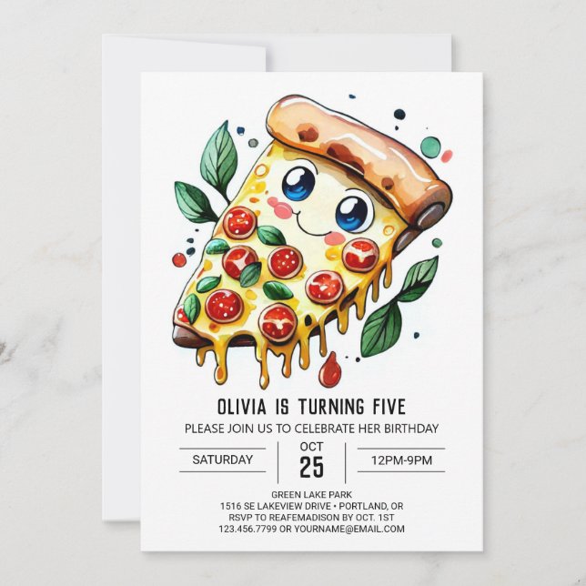 Convite Watercolor Pizza Simples Aniversário (Frente)