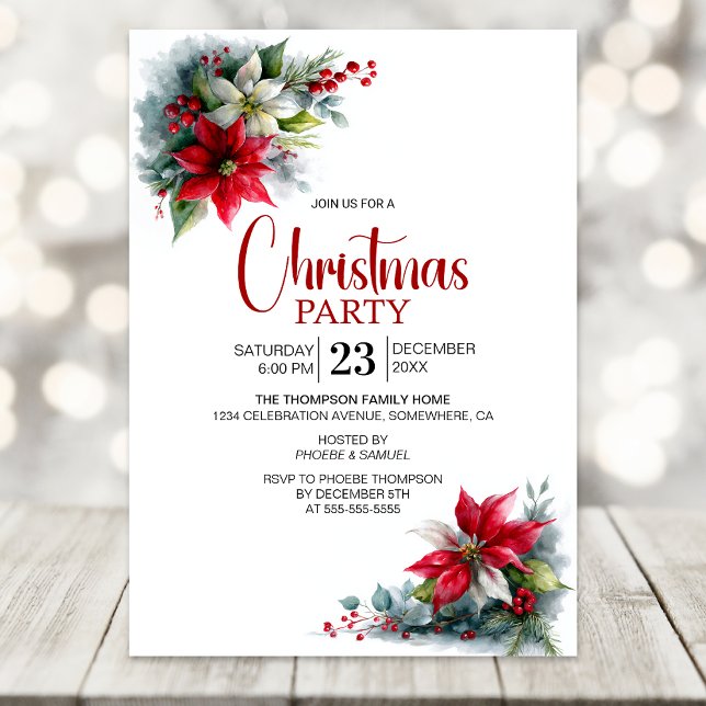Convite Watercolor Poinsettia Christmas Party (Criador carregado)