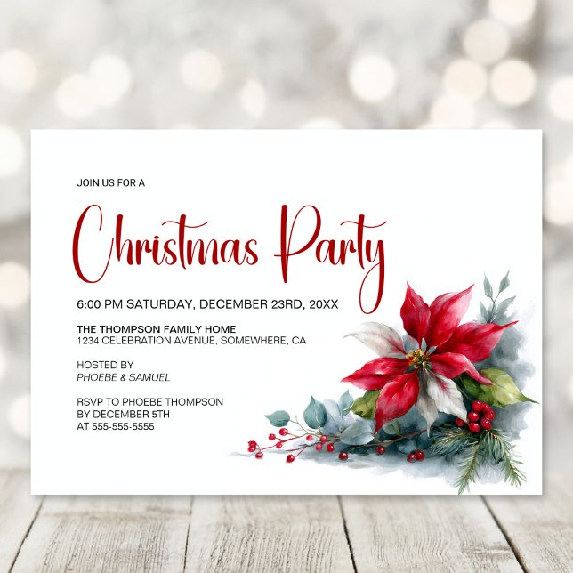 Convite Watercolor Poinsettia Christmas Party (Criador carregado)