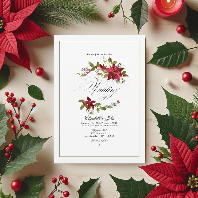 Convite Watercolor Poinsettia e Holly Christmas (Watercolor Poinsettia and Holly Christmas Wedding Invitation)
