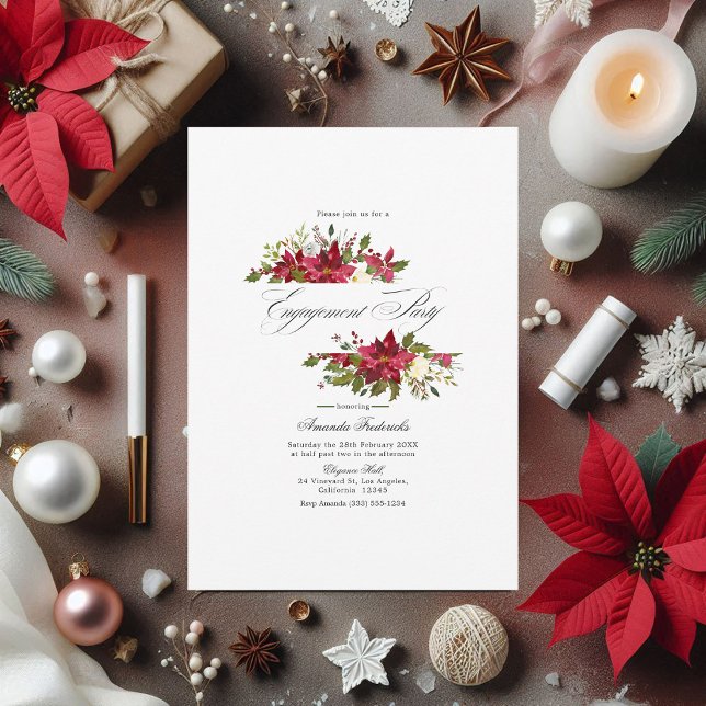 Convite Watercolor Poinsettia e Noivado de Natal Holly (Watercolor Poinsettia & Holly Christmas Engagement Invitation)