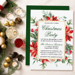 Convite Watercolor Poinsettia Floral Green Christmas Party<br><div class="desc">A Elegante Watercolor Poinsettia Verde Floral Convite de festas de Natal inclui poinsetos vermelhos,  folhas de eucalipto,  cones de pínus,  agulhas de pinheiros,  algodão,  bagas sagradas e outros belos verdes botânicos de inverno. Dourado quadro. Verdes.</div>