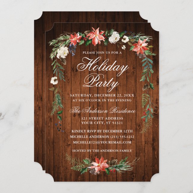 Convite Watercolor Poinsettia Wood Holiday Party (Frente/Verso)