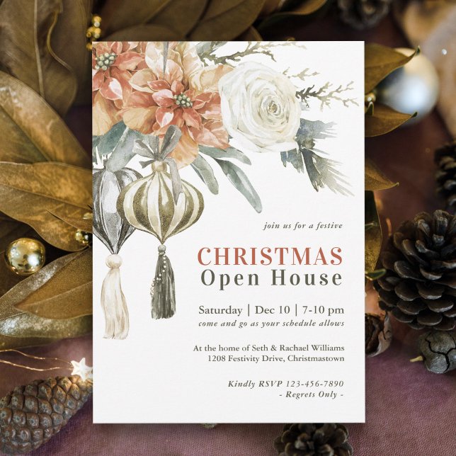 Convite Watercolor Poinsettias e Ornamentos Abertos (Rustic elegance with holiday charm in this watercolor floral Christmas Open House  Party Invitation.)