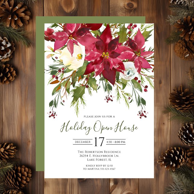 Convite Watercolor Poinsettias Holiday Open House (Criador carregado)