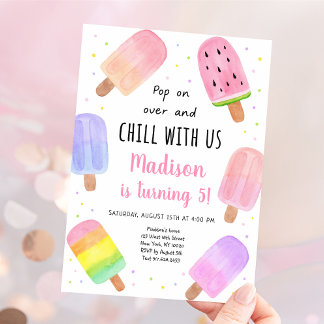 Convite Watercolor Popsicle Pink Girl Birday