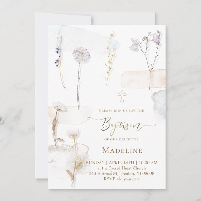 Convite watercolor pressed flowers Baptism (Frente)