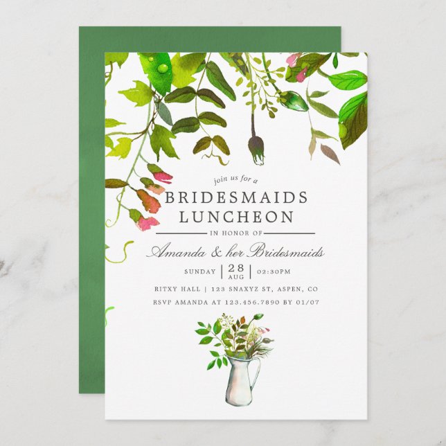 Convite Watercolor Primavera Foliage Bridesmaids Luncheids (Frente/Verso)