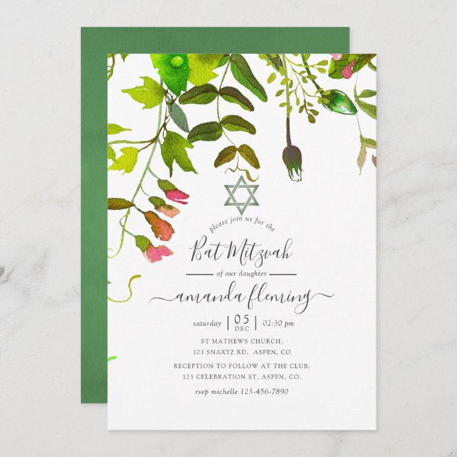 Convite Watercolor Primavera Greenery Bat Mitzvah (Frente/Verso)