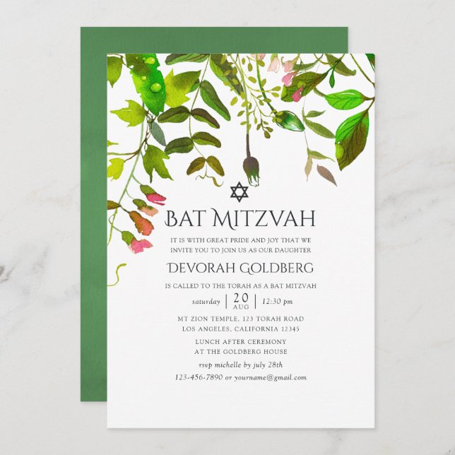 Convite Watercolor Primavera Greenery Bat Mitzvah (Frente/Verso)