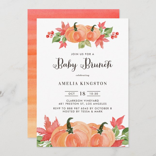 Convite Watercolor Pumpkins Autumn Brunch para Baby (Frente/Verso)