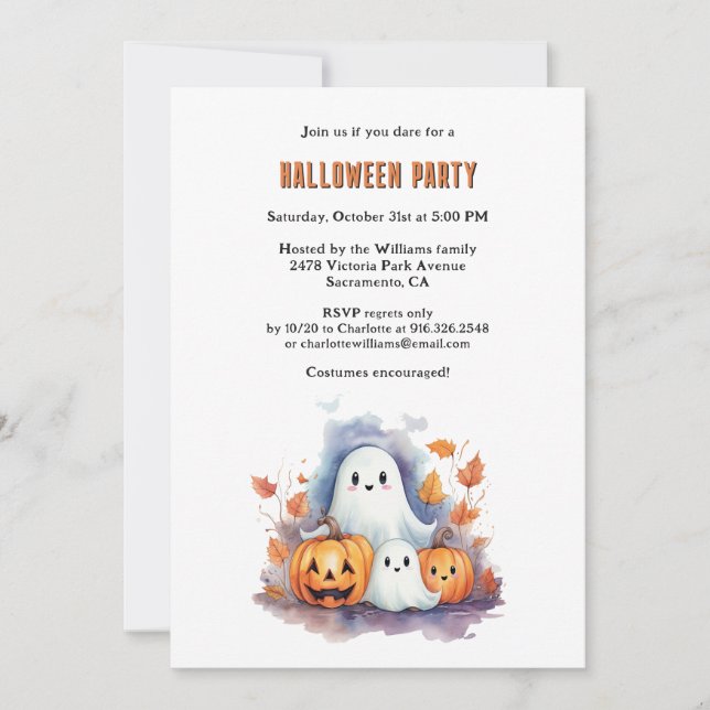 Convite Watercolor Pumpkins Ghost Halloween Party (Frente)