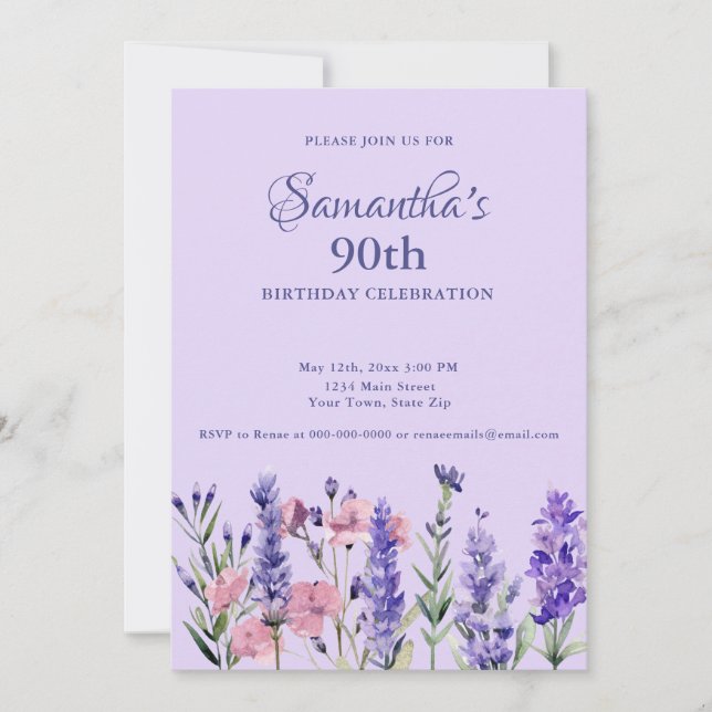 Convite Watercolor Purple Floral 90th Birthday Party (Frente)