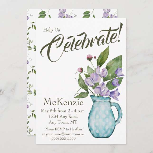 Convite Watercolor Purple Floral Sweas Party (Frente/Verso)