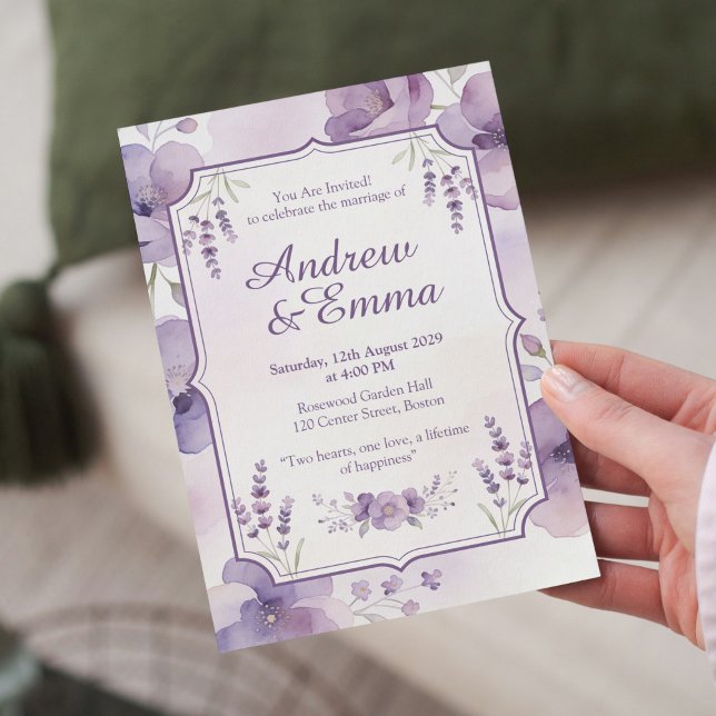 Convite Watercolor Purple Floral Wedding Invitation (Criador carregado)