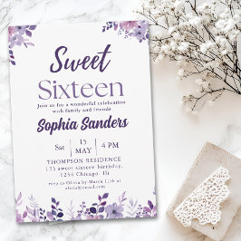 Convite Watercolor Purple Flowers Sweet Sixteen