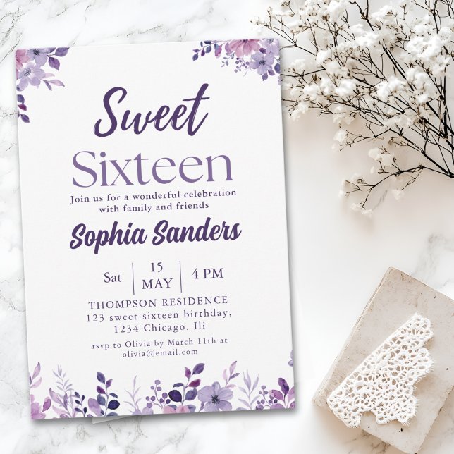 Convite Watercolor Purple Flowers Sweet Sixteen (Criador carregado)