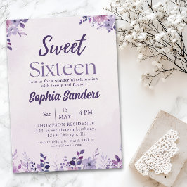 Convite Watercolor Purple Flowers Sweet Sixteen