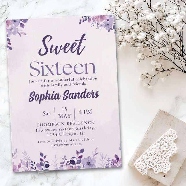 Convite Watercolor Purple Flowers Sweet Sixteen (Criador carregado)