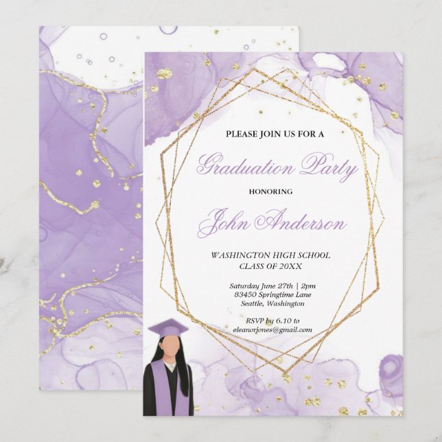 Convite Watercolor Purple Gold Marble Graduation Party  (Frente/Verso)