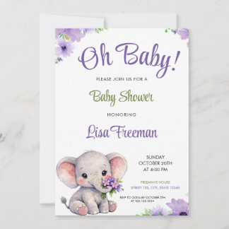 Convite Watercolor Purple & Green Elephant Baby Shower
