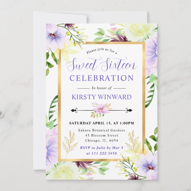 Convite Watercolor Purple Summer Flowers Sweet 16 (Frente)