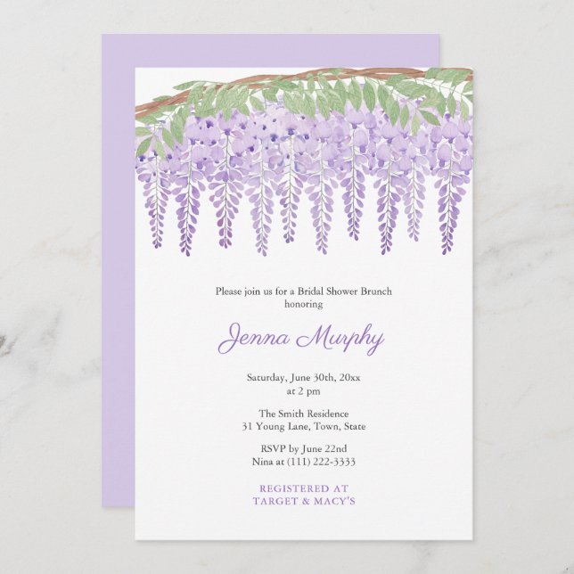 Convite Watercolor Purple Wisteria Chá de panela Party (Frente/Verso)