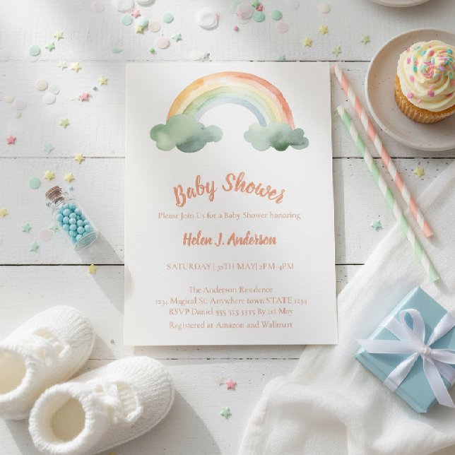 Convite Watercolor Rainbow Gender Neutral Baby Shower  (Criador carregado)