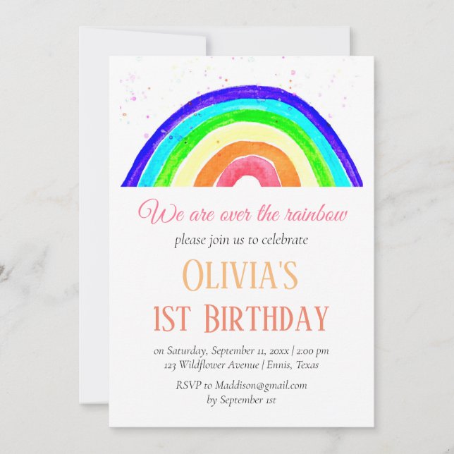 Convite Watercolor Rainbow Girly First Birthday (Frente)