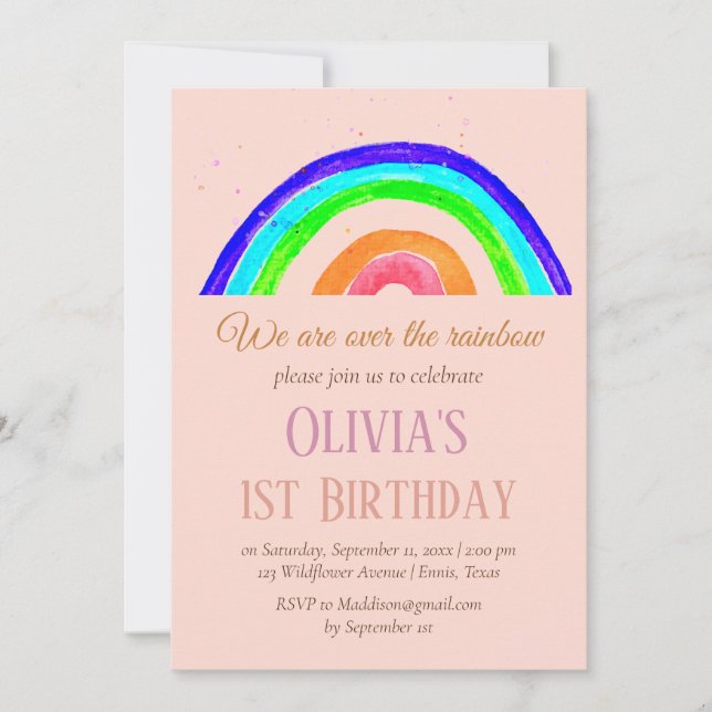 Convite Watercolor Rainbow Girly First Birthday (Frente)