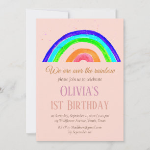 Convite Watercolor Rainbow Girly First Birthday